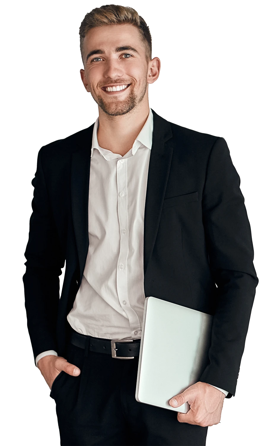 elegancki mężczyzna uśmiecha się trzymają w ręce laptopa